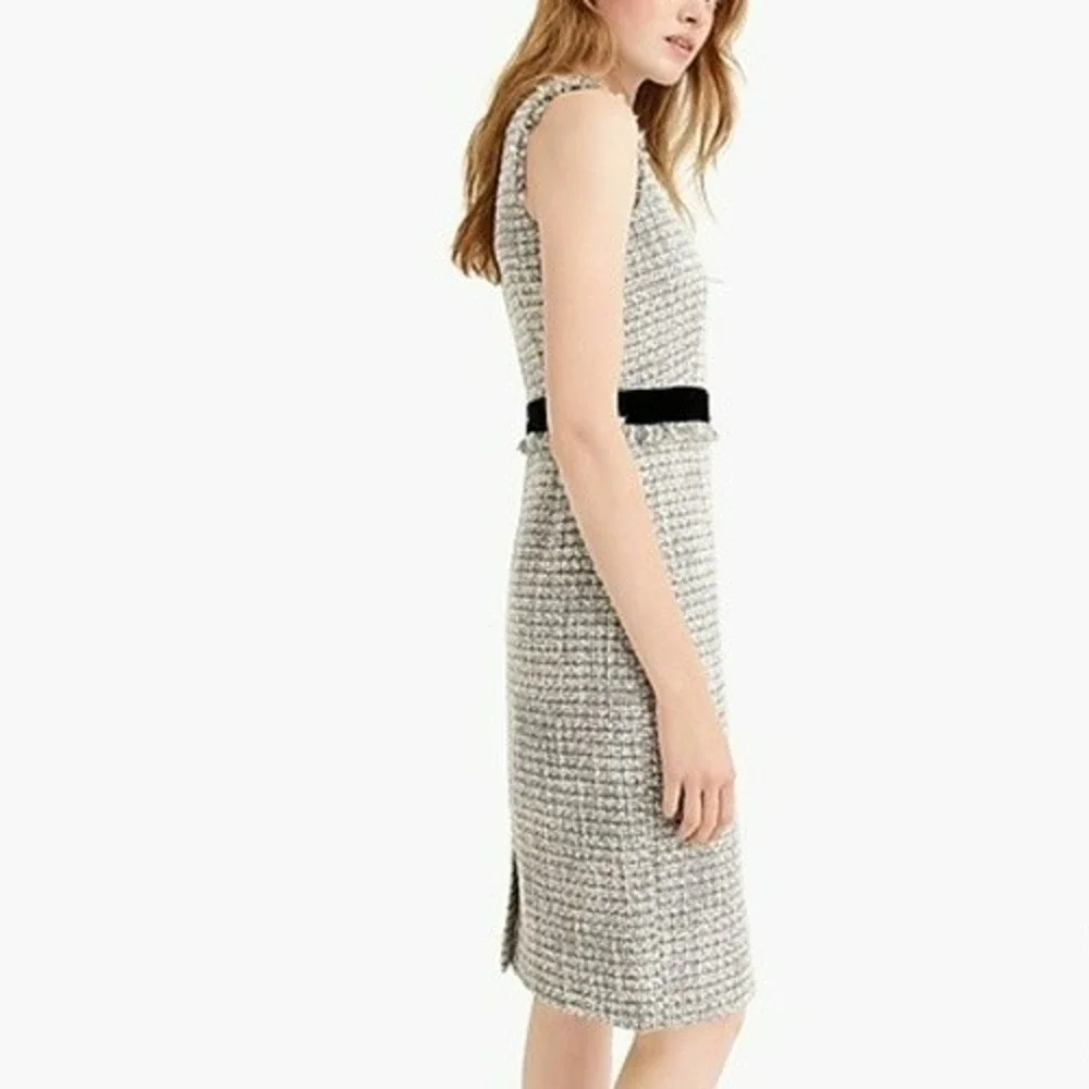 J. Crew Metallic Sparkle Tweed Sheath Dress Sz 10 Silver Velvet Fringe Trim NWT